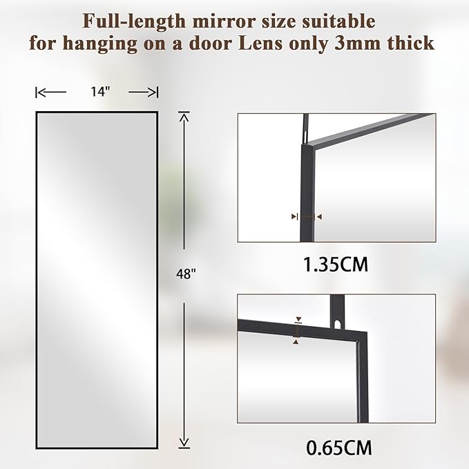 VooBang 14" x 48" Adjustable Height Over The Door Mirror - Rectangular Full Length Hanging Door Mirror with Shatterproof Tempered Glass Black Metal Frame for Dormitory