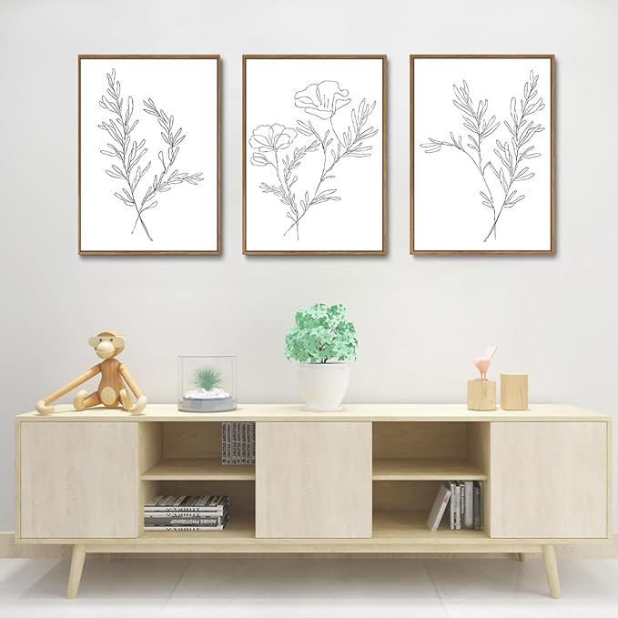 KISSFOX 3 Piece Framed Wall Art Botanical Wall Decor Floral Pictures Wildflower Canvas Art Black White Line Paintings Minimalist Boho Artwork For Bedroom Living Room Bathroom