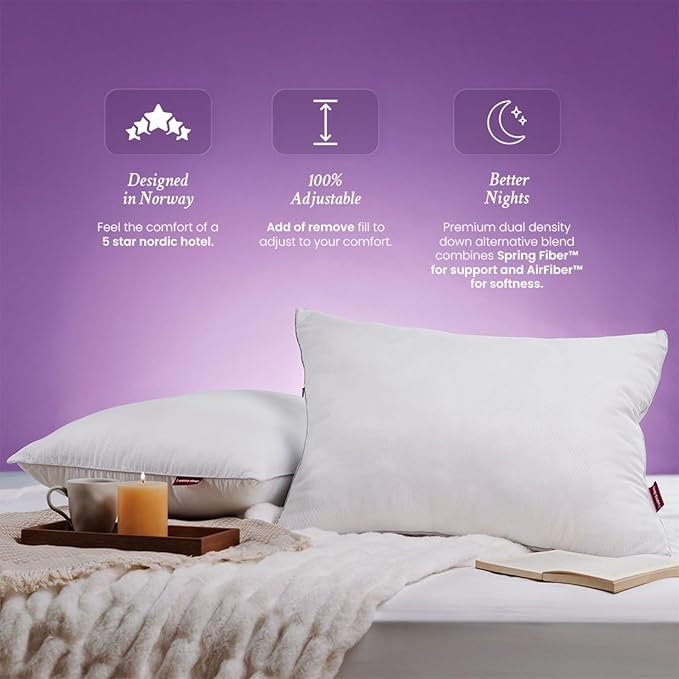 IWS I WANNA SLEEP Oslo Hotel Collection Bed Pillows Standard/Queen Size Set of 2 - Original Down Alternative Pillow, Adjustable Luxury Pillow for Side, Back and Stomach Sleepers, Norway Designed