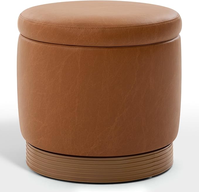 Round Storage Ottoman,Swivel Vanity Stool-Smooth Faux Leather Foot Rest,Footstool Pouf with Sturdy Acacia Wood Frame(500lbs),Small Coffee Table & Hidden Storage Ottoman for Living Room