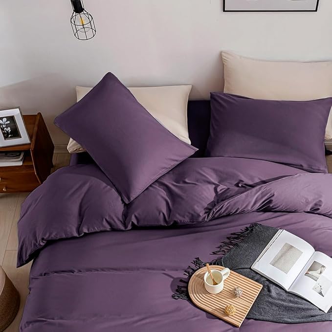 JELLYMONI Purple Duvet Cover King Size - 100% Washed Cotton Linen Like Textured Comforter Cover, 3 Pieces Lightweight Soft Bedding Set with Zipper Closure (Purple, King 104"x90")