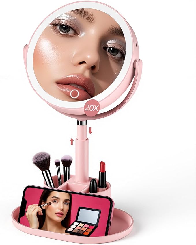 Shinowa Makeup Mirror with Lights, 1X/20X Lighted Magnifying Mirror with Storage for Makeup & Jewelry, 2-Sided Height Adjustable Vanity Mirror with 3 Color Lights, 360° Rotation & Rechargeable, Pink