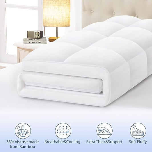 ELEMUSE King Cooling Bamboo Viscose Mattress Topper for Back Pain, Extra Thick Mattress Pad Cover, Plush Soft Pillowtop with Elastic Deep Pocket, Overfilled Down Alternative Filling
