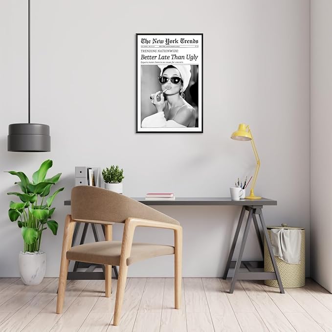 New York Trends Wall Art Black and White Newspaper Better Late Than Ugly Poster Canvas Prints Funky Feminist Posters Trendy College Wall Decor for Bar Cart Girl Dorm Room Bathroom Decorative 16x24inch black framed
