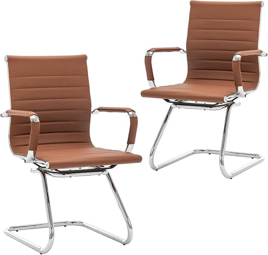 Office Heavy Duty Chair Guest Chair Leather Conference Chairs Reception Chairs Back Support, Set of 2 (Cafe)