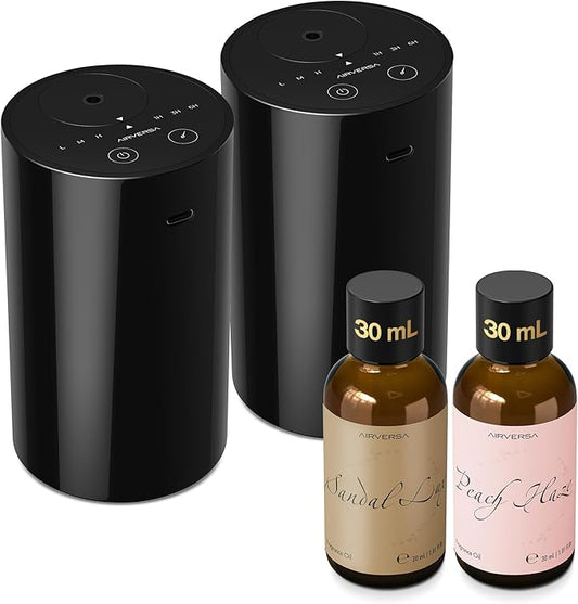 Airversa Waterless Essential Oil Diffuser Starter Kit with 2 x 30mL Fragrance Oil, Battery Operated Mini Scent Air Machine Portable Diffuser for Home Car Office Room, Black AN8 2Packs Kit
