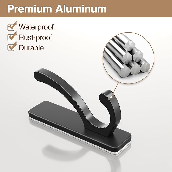 pickpiff Adhesive Wall Hooks for Towels - Sticky Hook Hanging Heavy Duty (13lb), Hanger for Door, Bathroom, Dorm, Closet - for Coats, Purse, Bag, Robe - No Damage to Wall - Black 4 Pack