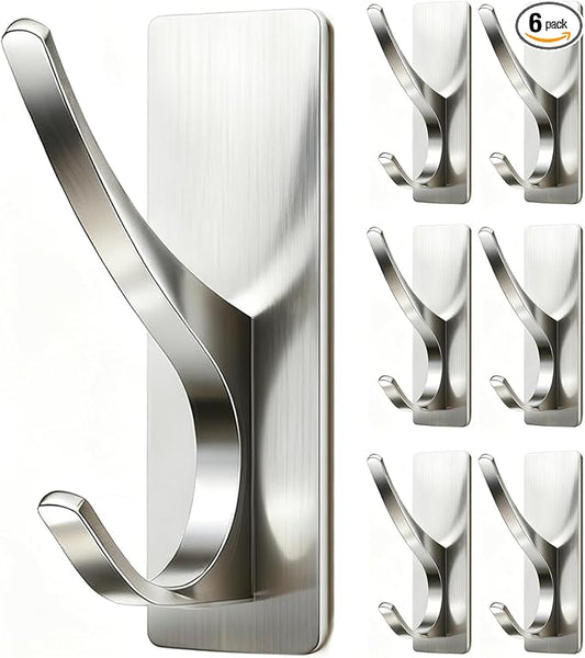 pickpiff Self Adhesive Coat Hooks for Hanging: Heavy Duty Stainless Wall Hook for Towel, Backpack, Hat, Sturdy Metal Hanger for Bathroom, Bedroom, Door, Brushed Nickel, 6-Pack
