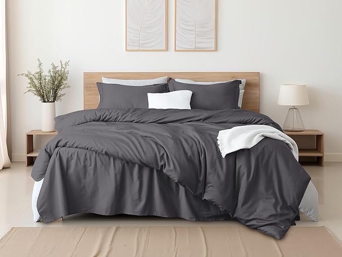 Dark Grey Duvet Cover Set Queen Size 100% Egyptian Cotton 3Pcs Home Bedding Set- 1 Duvet Cover with 2 Pillowcases, 400 Thread Count Super Soft Cover with Corner Ties(90x90 Inches, Dark Grey)