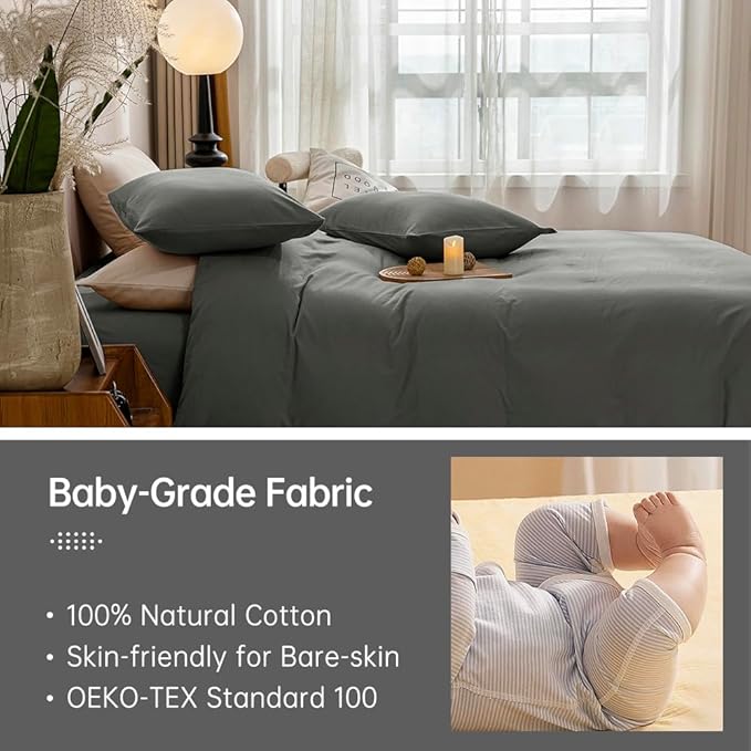 JELLYMONI Bedding Duvet Cover Queen Size - 100% Washed Cotton Linen Like Textured Comforter Cover, 3 Pieces Breathable Soft Bedding Set with Zipper Closure (Gray, Queen 90"x90")