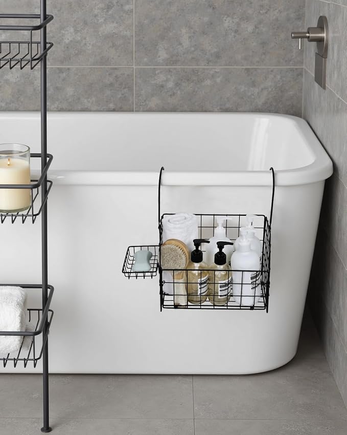 Large Rustproof Shower Caddy Hanging, 304 Stainless Steel Hanging Shower Organizer Basket for Bathroom & Bathtub, Over the Rod Shower Rack for Shampoo, Conditioner, Soap & Bath Accessories(Black)