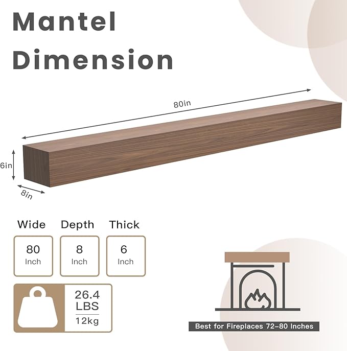 Fireplace Mantel Shelf, 80" Handcrafted Solid Wood Floating Shelf for Over Fireplace - Rustic Farmhouse Wall-Mounted Mantel with Heavy-Duty Hidden Bracket, 80"x8"x6"