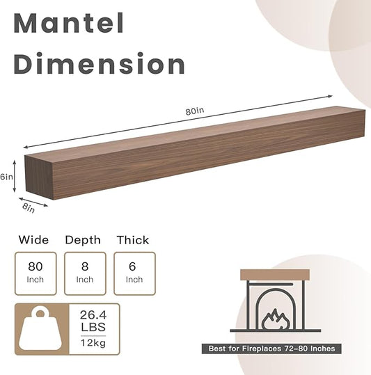 Fireplace Mantel Shelf, 80" Handcrafted Solid Wood Floating Shelf for Over Fireplace - Rustic Farmhouse Wall-Mounted Mantel with Heavy-Duty Hidden Bracket, 80"x8"x6"