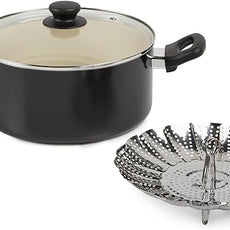 Amazon Basics 11-Piece Ceramic Non-Stick Pots and Pans Set, Dishwasher & Oven Safe, Non-Toxic, Easy Clean, Black/Cream