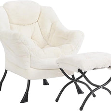 Plush Lazy Chair and Ottoman, Large Contemporary Accent Lounge Chair with Armrests and a Side Pocket, Modern Leisure Upholstered Sofa Reading Armchair with Footrest for Bedroom, Living Room