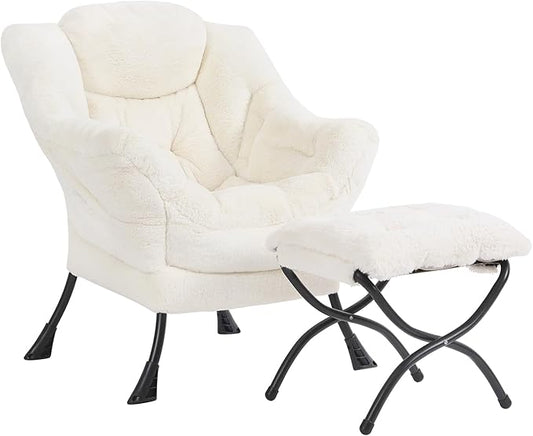 Plush Lazy Chair and Ottoman, Large Contemporary Accent Lounge Chair with Armrests and a Side Pocket, Modern Leisure Upholstered Sofa Reading Armchair with Footrest for Bedroom, Living Room