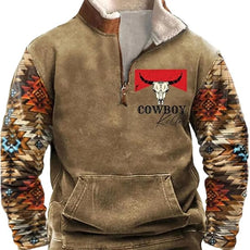 Western Sweatshirts for Men Aztec Cowboy Vintage Graphic Fleece Hoodie Mens Quarter Zip Pullover Country Jacket