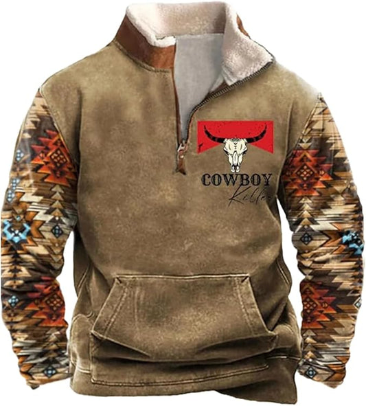 Western Sweatshirts for Men Aztec Cowboy Vintage Graphic Fleece Hoodie Mens Quarter Zip Pullover Country Jacket
