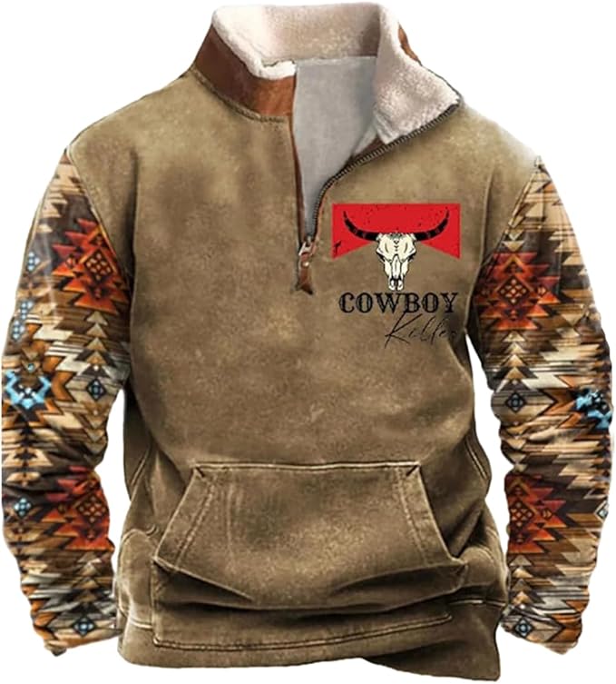 Western Sweatshirts for Men Aztec Cowboy Vintage Graphic Fleece Hoodie Mens Quarter Zip Pullover Country Jacket