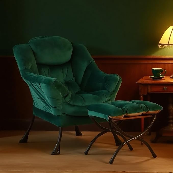 Tiita Lazy Chair with Ottoman, Modern Large Accent Lounge Armchair, Comfy Leisure Sofa Reading Chair with Footrest for Bedroom, Living Room, Dorm Rooms, Garden and Courtyard, Velvet Green