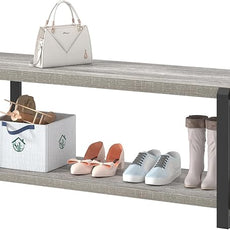 FOLUBAN Entryway Bench, Vintage Wood and Metal Shoe Bench for Hallway Front Door Entrance, Farmhouse Indoor Shoe Storage Bench Seat for Bedroom, Living Room, Light Grey, 47 Inch