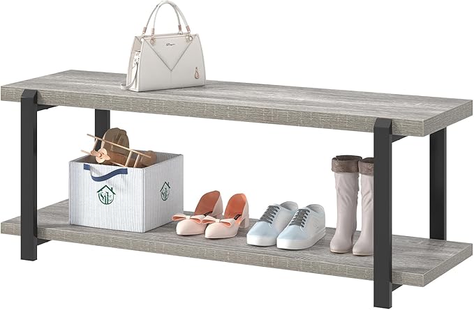 FOLUBAN Entryway Bench, Vintage Wood and Metal Shoe Bench for Hallway Front Door Entrance, Farmhouse Indoor Shoe Storage Bench Seat for Bedroom, Living Room, Light Grey, 47 Inch