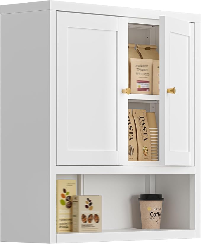 Metal Bathroom Wall Cabinet, Over The Toilet Storage Cabinets, White Wall Mounted Medicine Cabinets, Hanging Cabinet with 2 Doors & Adjustable Shelf for Kitchen, Laundry Room