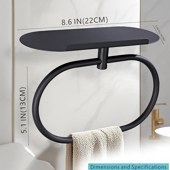 Towel Ring with Shelf, Heavy Duty Stainless Steel Bathroom Hardware, Adhesive No-Drill or Drill Mount Wall Mounted Towel Holder for Bathroom and Kitchen (Black)