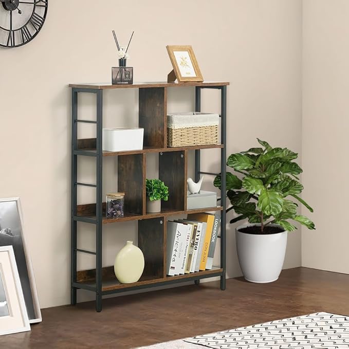CAPHAUS 7 Cube Storage Organizer, 32” Wide 3 Tier Rustic Oak Industrial Open Shelf Bookcase, Display Shelf, Horizontal Bookshelf with Metal Frame, Wooden Board, for Living Room, Bedroom, Office