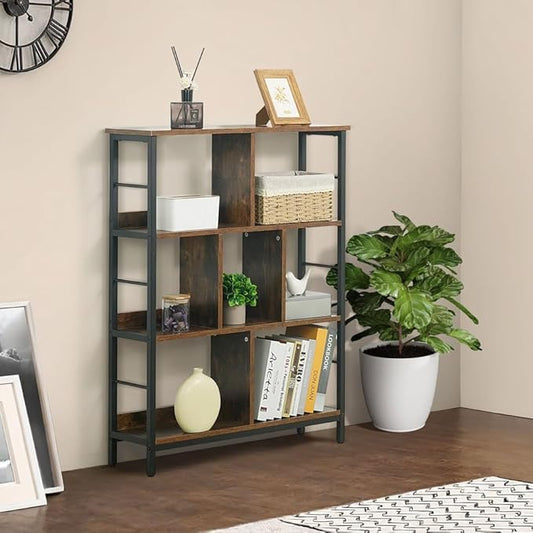 CAPHAUS 7 Cube Storage Organizer, 32” Wide 3 Tier Rustic Oak Industrial Open Shelf Bookcase, Display Shelf, Horizontal Bookshelf with Metal Frame, Wooden Board, for Living Room, Bedroom, Office