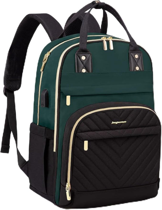 Laptop Backpack for Women Work Bag - 15.6 inch Travel Backpack with USB Charger College Bookbag Waterproof Business Computer Backpack Anti-theft Casual Backpacks for Nurse Teacher Black Green