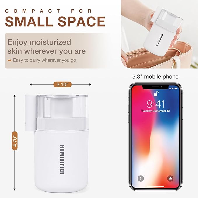 Portable Mini Humidifier, 180ml USB Cool Mist Small Humidifiers for Bedroom, Personal Desktop Humidification for Car Office Travel & Indoor Plants(White)