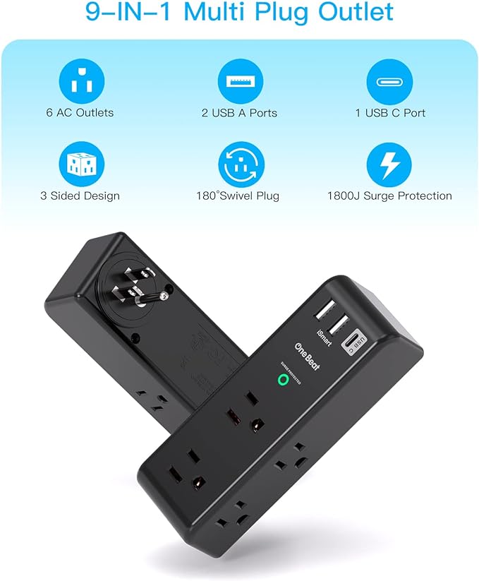 Surge Protector Outlet Extender with Rotating Plug, 6 AC Multi Plug Outlet with 3 USB Ports (1 USB C), 1800 J, 3-Sided Swivel Power Strip with Spaced Outlet Splitter for Dorm Office, Black-2 Pack