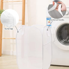 Durable Collapsible Laundry Baskets, Reinforced Mesh Pop Up Laundry Hamper, Foldable Clothes Hampers with Carry Handles for Laundry, Bathroom, Kids Room, Dorm or Travel White