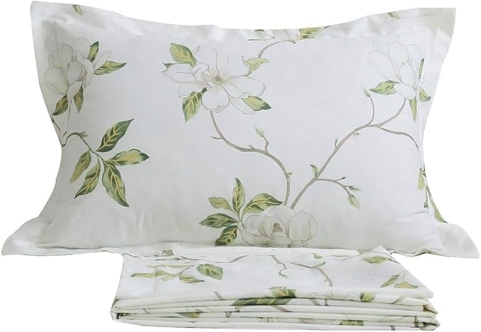 FADFAY Shabby White Floral Bed Sheet Set 100% Cotton Sheets Green Leaves 4Piece - Twin XL Size