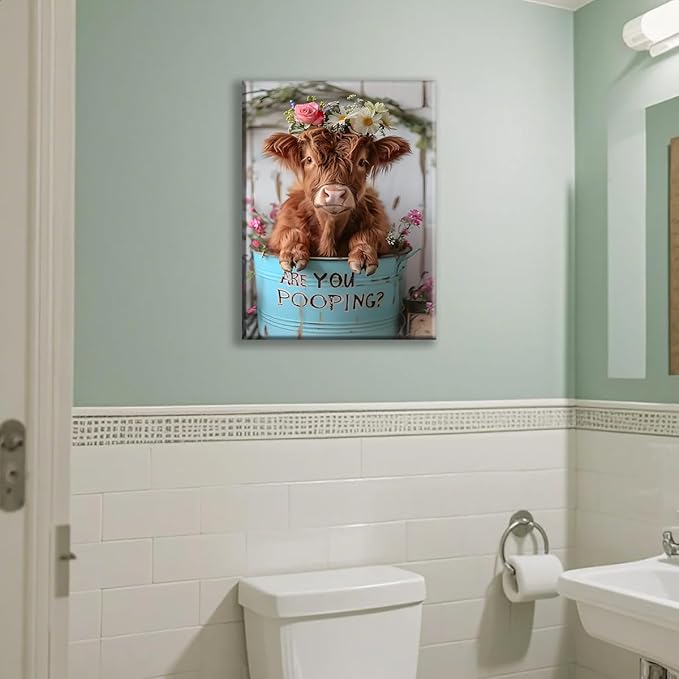 Jatinoo Highland Cow Decor Are You Pooping? Funny Bathroom Wall Art Apartment Or Farmhouse Bathroom Decor Western & Highland Cow Lovers 11.5 x 15 Inches