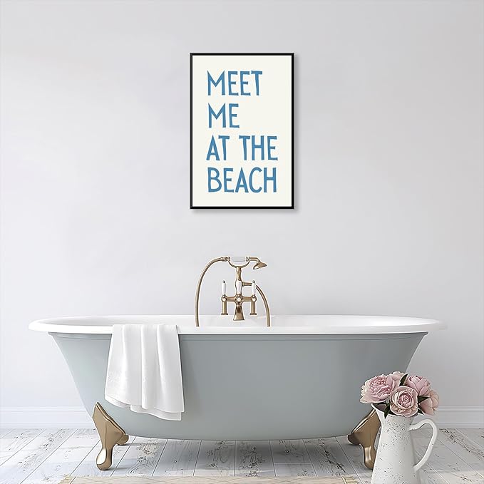 Trendy Meet Me At The Beach Posters Blue Coastal Cowgirl Wall Art Funky Summer Room Decor Vintage Beachy Canvas Prints Ocean Theme Aesthetic for Bathroom Apartment Bedroom 12x16in Metal Black Frame