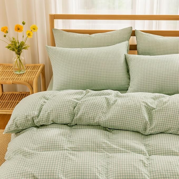 Green Plaid Duvet Cover Set Queen Size Checkered Grid Comforter Cover 100% Washed Cotton Bedding Set 3Pcs Ultra Soft Breathable Quilt Set Rustic Farmhouse Boho Cozy Bedroom Decor Gifts for Women Men