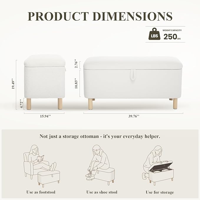 Ottoman with Storage, Storage Ottoman Bench, Entryway Bench, End of Bed Bench with Wood Legs for Bedroom, Living Room,2PCS,Cream