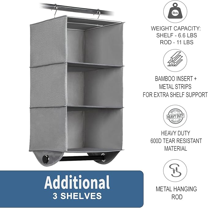 HOLDN’ STORAGE - 3 Shelf Hanging Closet Organizer with Metal Rod - Bamboo Inserted, Holds up to 24 pounds - 24” W x 12” D x 29.5”H - Perfect for College Dorms & RV Hanging Organizer