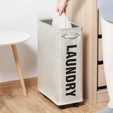 DOKEHOM 25-Inches Slim Laundry Basket on Wheels, Collapsible Rolling Laundry Hamper, Foldable Narrow Corner Clothes Storage Bins (Beige)