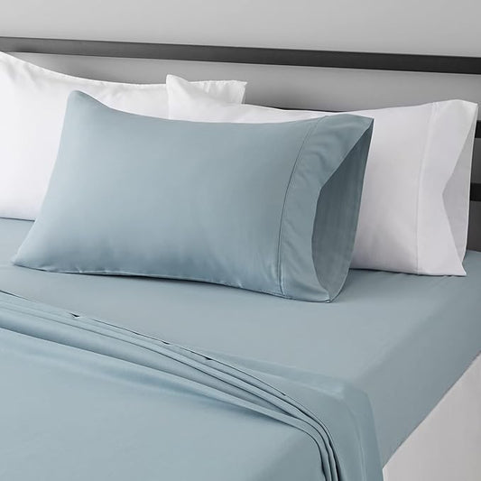 Amazon Basics Lightweight Super Soft Easy Care Wrinkle Free Microfiber 3 Piece Bed Sheet Set with 14-Inch Deep Pockets, Twin, Spa Blue, Solid, Kids, Men & Women Bedding AmazonBasics