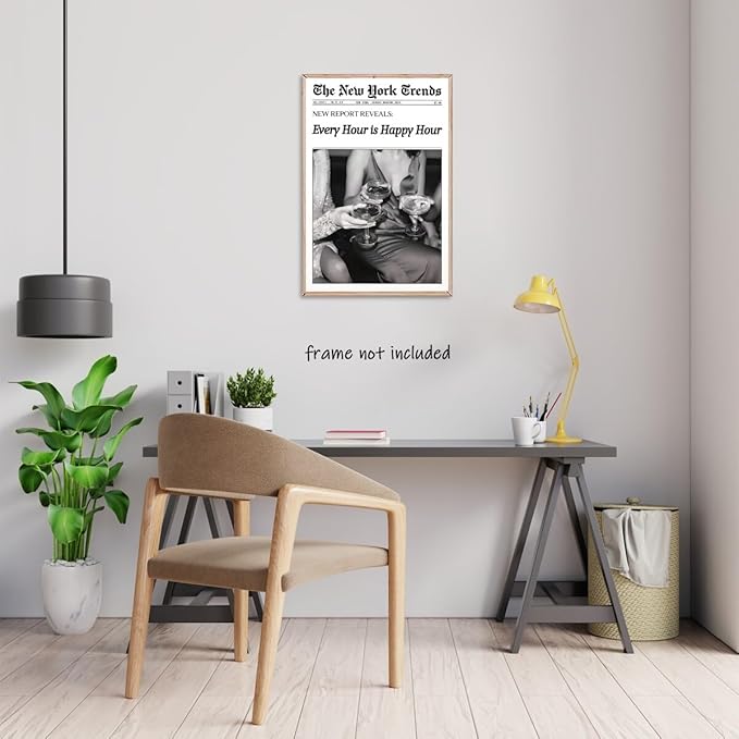 Retro New York Trends Wall Art Black and White Newspaper Poster Every Hour Is Happy Hour Canvas Prints Funky Feminist Posters Trendy Alcohol Wall Decor for Bar Cart Hot Girl Dorm Room Decorative 16x24inch Unframed