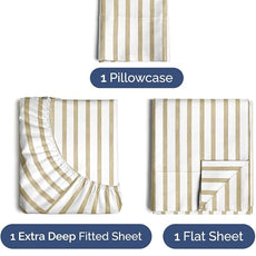 Extra Deep Pocket Twin XL Sheets - 3 Piece Breathable & Cooling Bed Sheets - Hotel Luxury Bed Sheet Set - Soft, Wrinkle Free & Comfy - Easily Fits Extra Deep Mattresses - Beige Striped Sheets Set