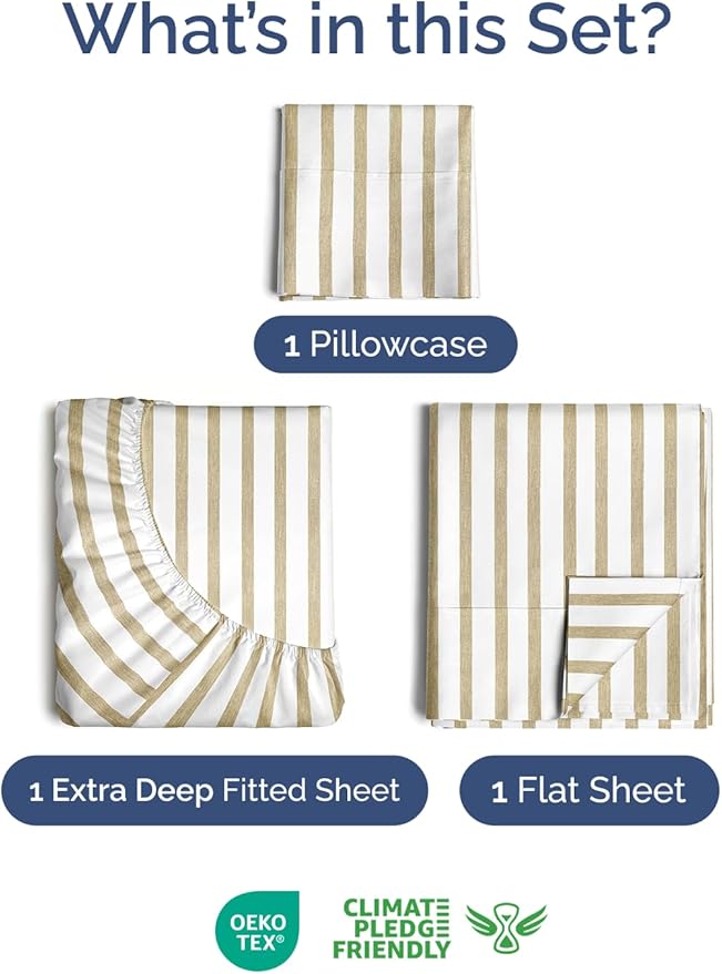 Extra Deep Pocket Twin XL Sheets - 3 Piece Breathable & Cooling Bed Sheets - Hotel Luxury Bed Sheet Set - Soft, Wrinkle Free & Comfy - Easily Fits Extra Deep Mattresses - Beige Striped Sheets Set