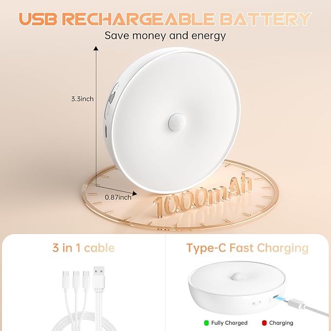 Warm Color LED Closet Lights Motion Sensor Puck Light, USB Rechargeable Battery Operated Puck Step Lights, Dimmable Under Cabinet Lighting for Counter Wardrobe Kitchen (6 Pack)