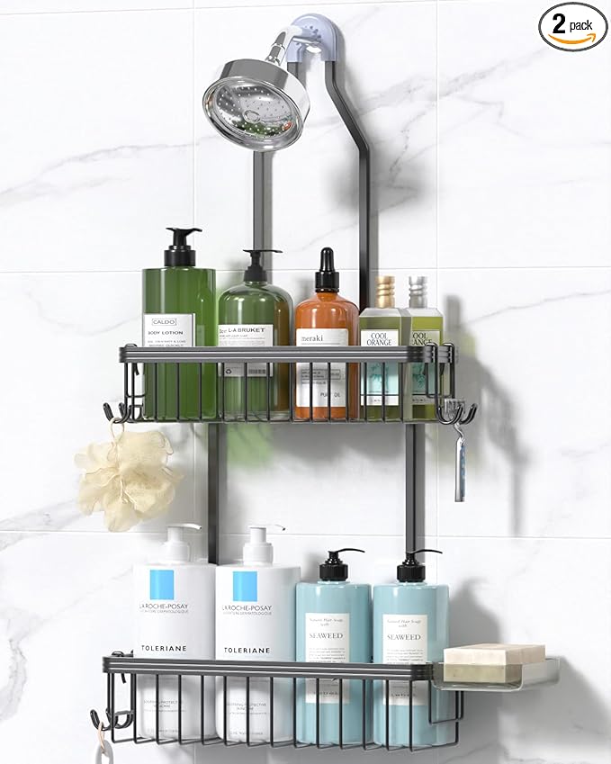 YASONIC Shower Caddy Hanging, Never Rust Shower Organizer Hanging, Aluminum Shower Racks for Inside Shower with Hooks for Razor, Bathroom Organizers and Storage with Soap Holder, Grey