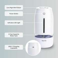 Aqua Glo Personal, Portable Humidifiers for Bedroom – Ultrasonic Cool Mist Humidifier with Built In Rechargeable Battery. Air Humidifier for Baby, Plants, Home, Office, Travel. White