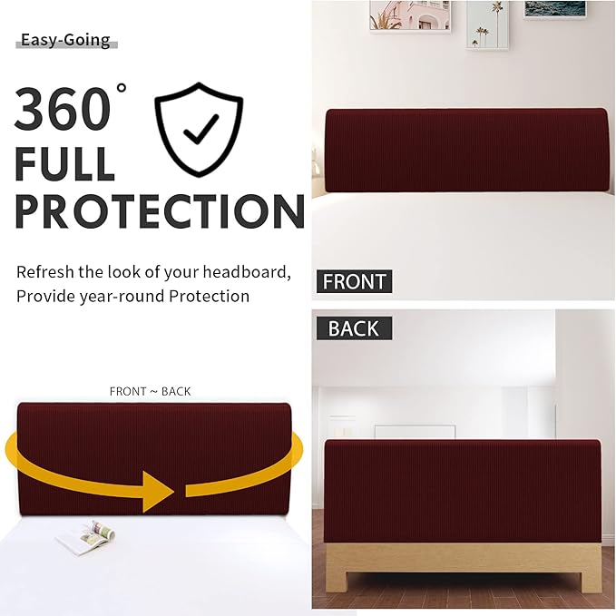 Easy-Going Stretch Bed Headboard Cover,Small Square Jacquard Headboard Slipcover, Dustproof Bed Head Cover for Bedroom (Queen,Wine)