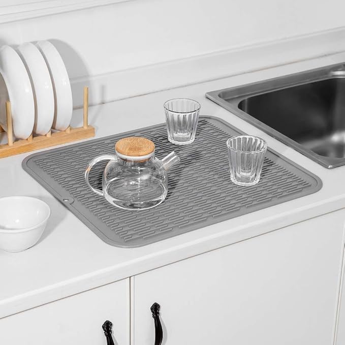 Silicone Dish Drying Mat for Multiple Usage,Easy clean,Eco-friendly,Heat-resistant Silicone Mat for Kitchen Counter or Sink,Refrigerator or Drawer Liner Grey XL 18 inches x 16 inches